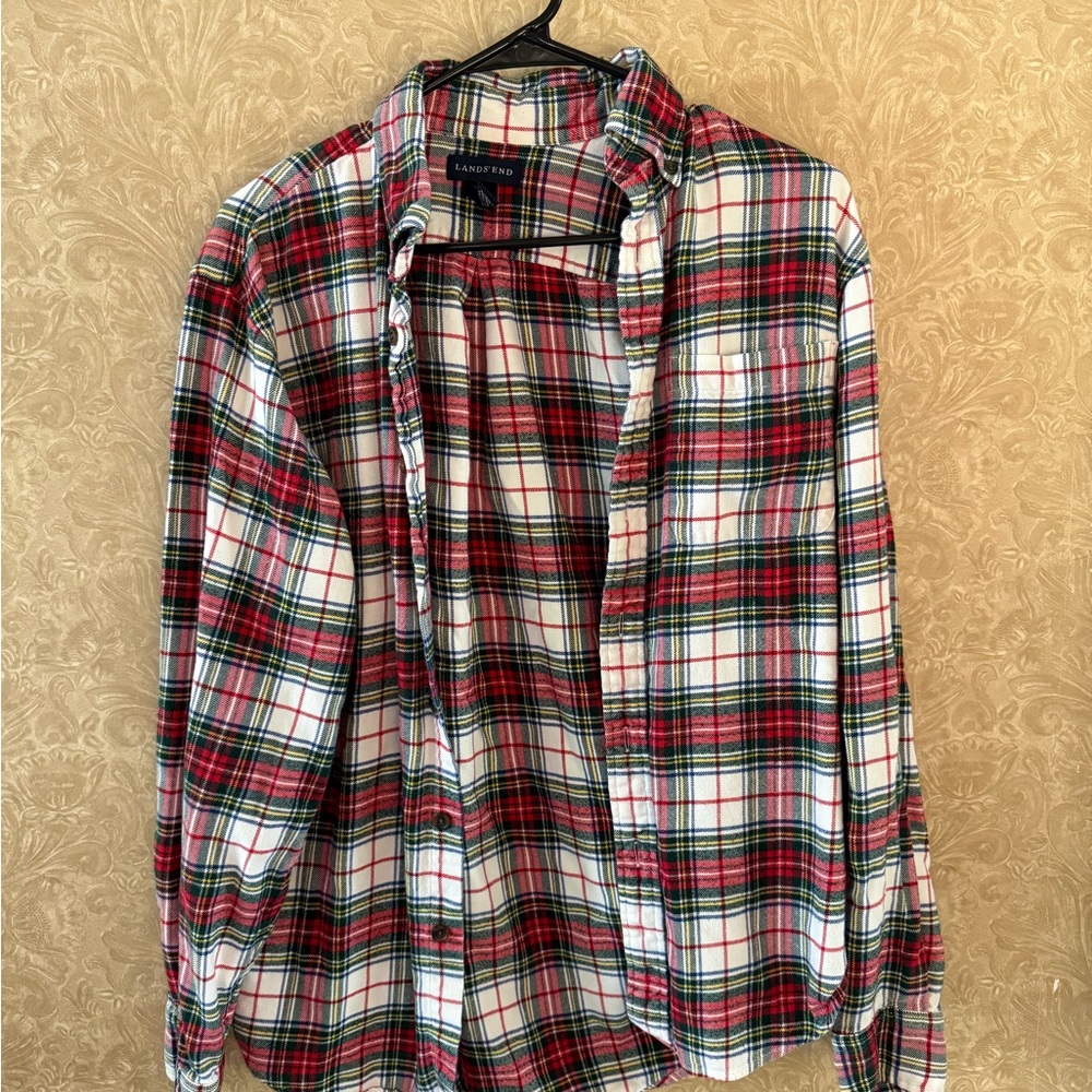 Lands' End Red and Green Casual Button Down Shirt